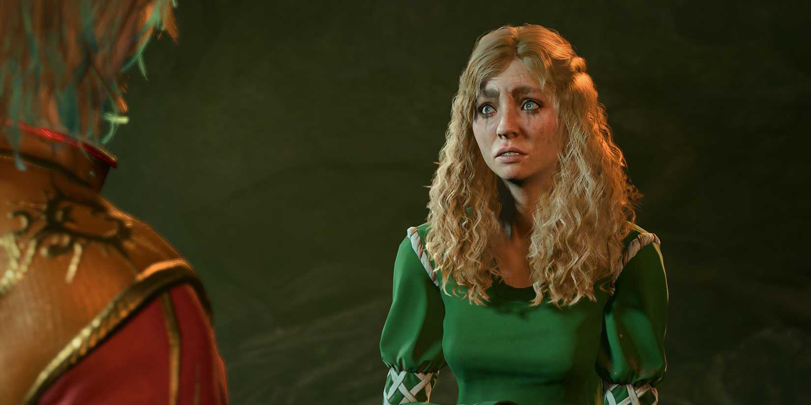 The protagonist speaking to a visibly tear-stained Mayrina in Baldur's Gate 3.