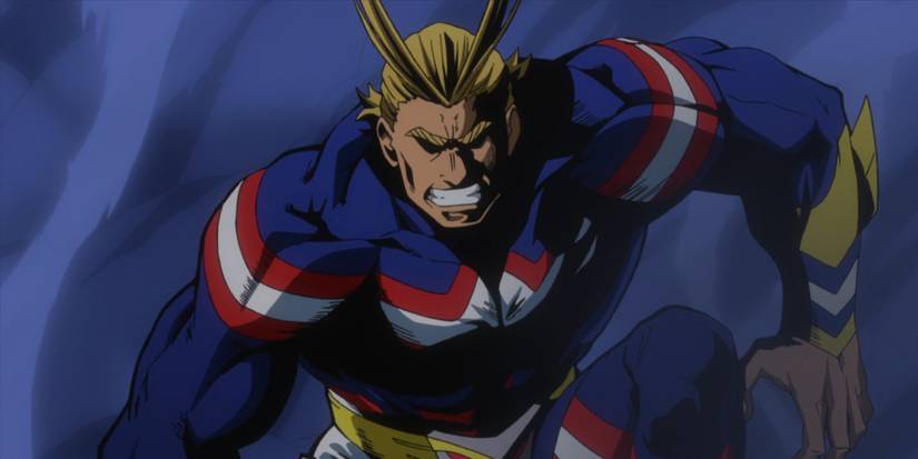 10 Best Superman Copycats and Knockoffs Introduced Since 2000 8 My Hero Academia's All Might in front of a smoky backdrop.