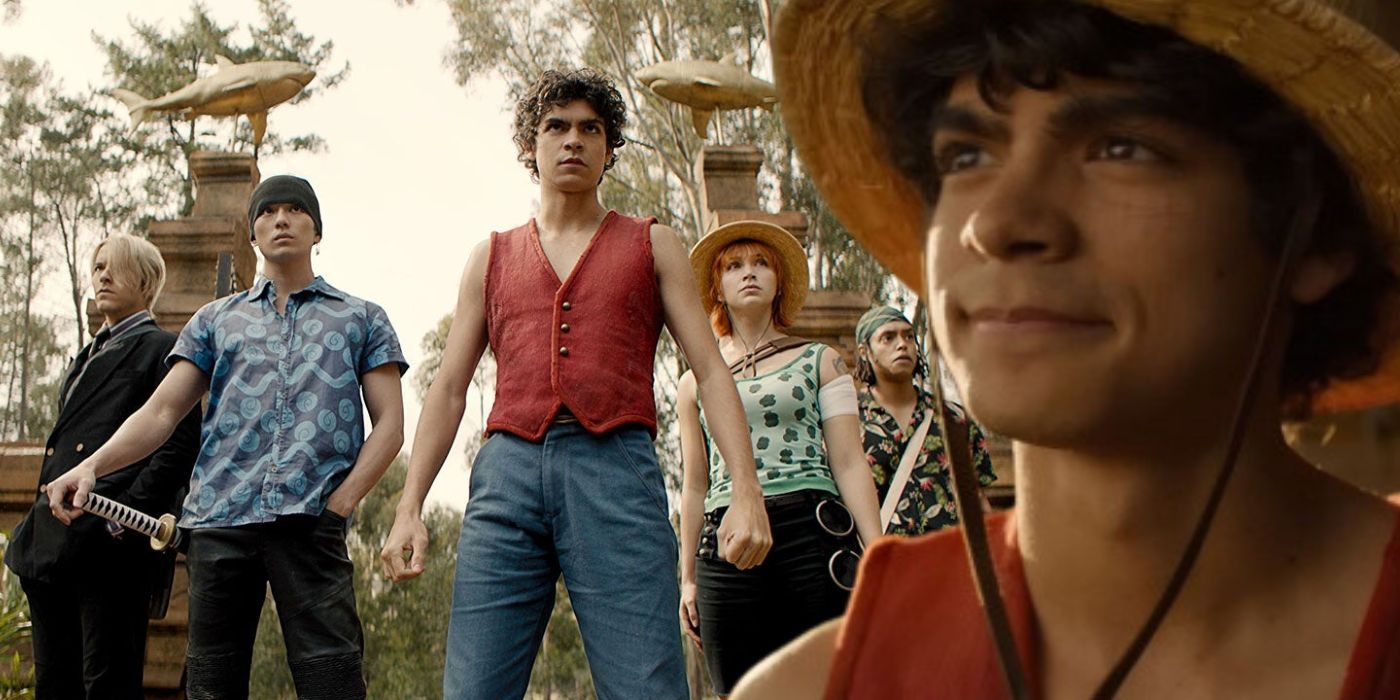 Композитное изображение, на котором Луффи смотрит, пока он стоит со своей командой рядом с аркой в One Piece, сезон 1