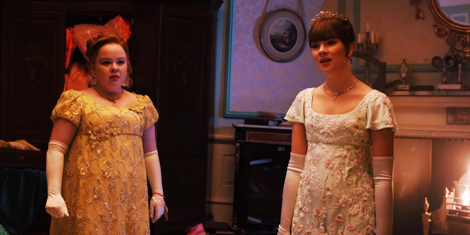 Nicola Coughlan as Penelope Featherington and Claudia Jessie as Eloise Bridgerton in Bridgerton season 2