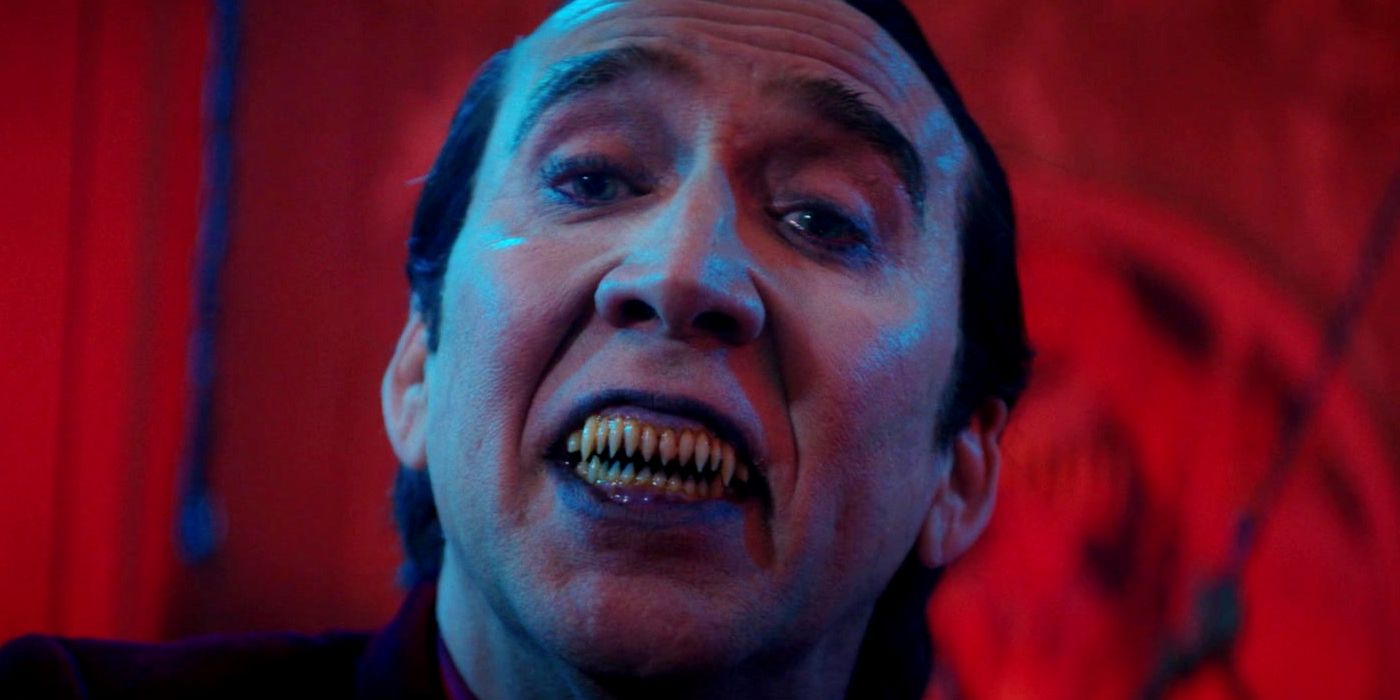 Nicolas Cage as Dracula Showing His Teeth in Renfield