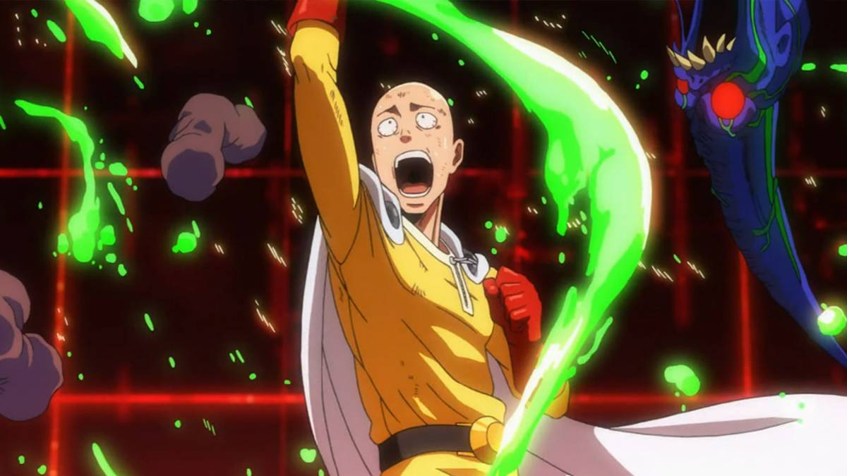 One-Punch Man' Saitama delivers an uppercut and is surrounded by green monster blood.