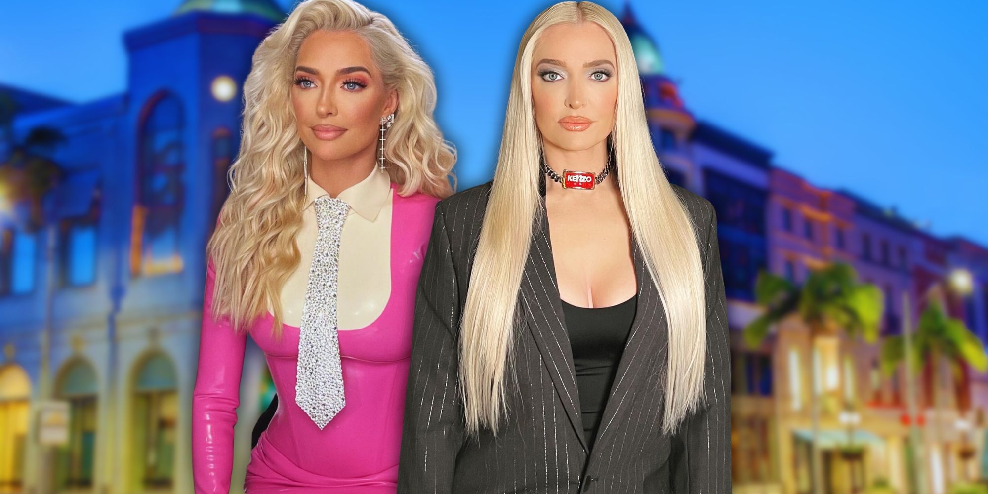 RHOBH montage with 2 images of Erika Jayne side by side with city at night background