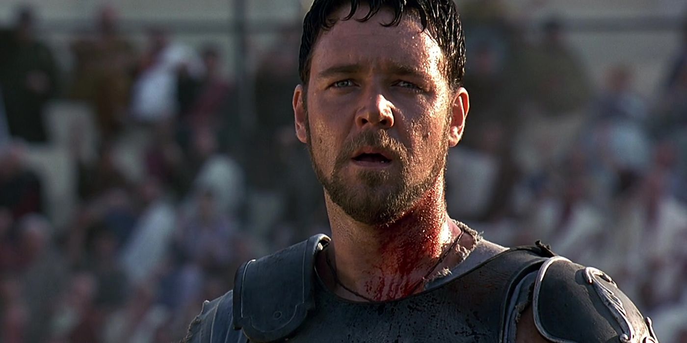 Russell Crowe looking upward at the crowd in a scene from Gladiator