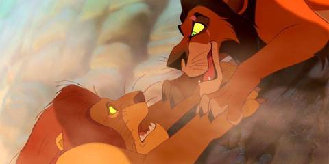 Scar killing Mufasa in the Lion King.