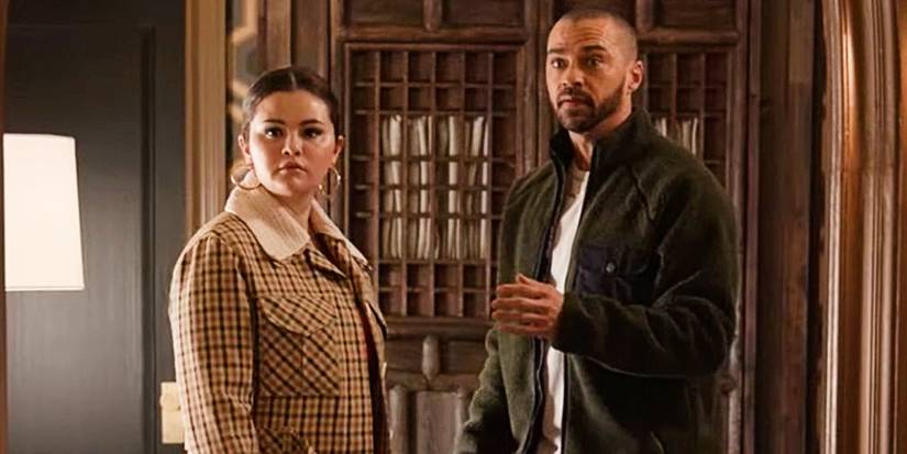 Selena Gomez and Jesse Williams looking surprised in Only Murders in the Building season 3