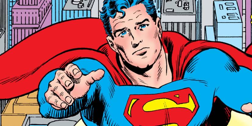 Comic book art: Silver Age Superman flies forward.