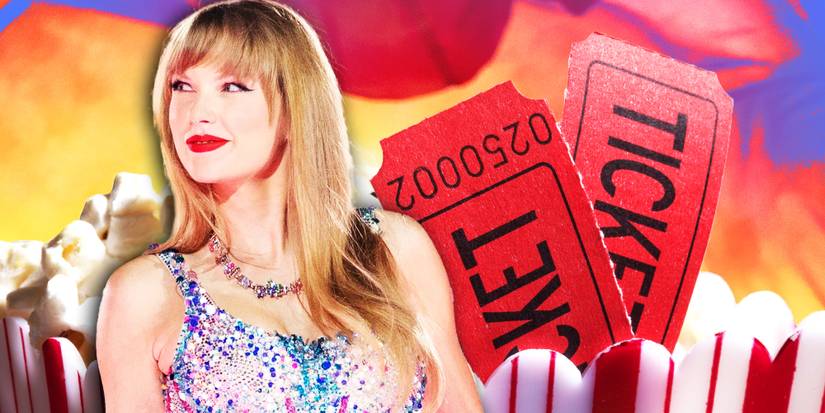 Taylor Swift during the Lover set of the Eras Tour in front of movie tickets and popcorn