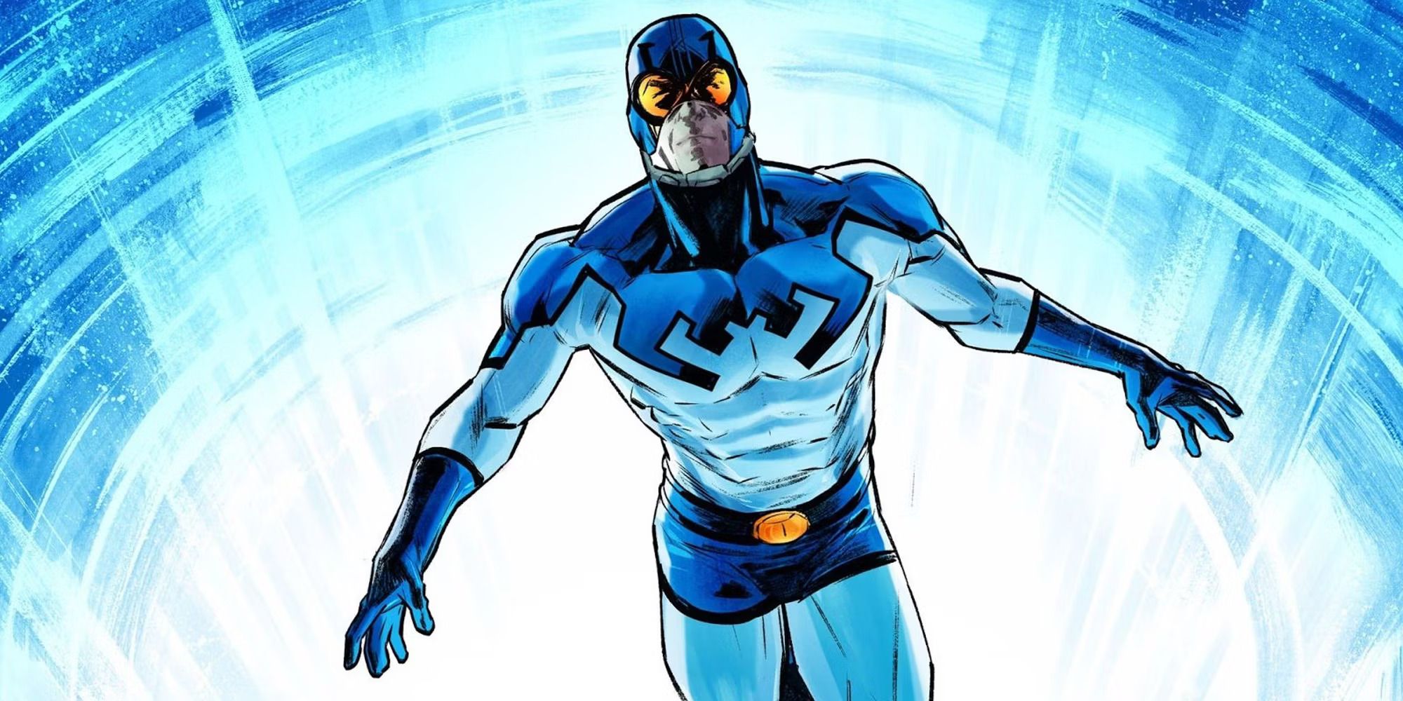 Ted Kord, in a blue superhero suit marked with a beetle over the chest, rises up from a background of blue lights.