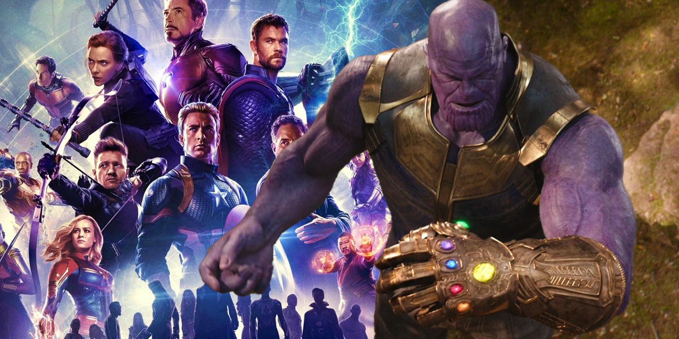 Thanos with the Infinity Gauntlet with the Avengers in the MCU