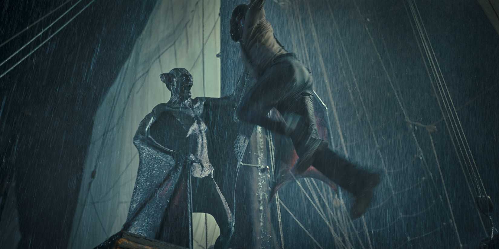 Dracula in the rain in The Last Voyage of the Demeter