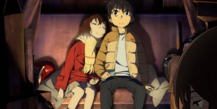 A young Satoru Fujinuma and Kayo Hinazuki sitting on a bus seat together in Erased, Kayo sleeping on Satoru's shoulder and Satoru staring determinedly ahead.
