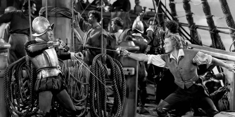 Errol Flynn in a swashbuckling scene aboard a ship in The Sea Hawk 1940 