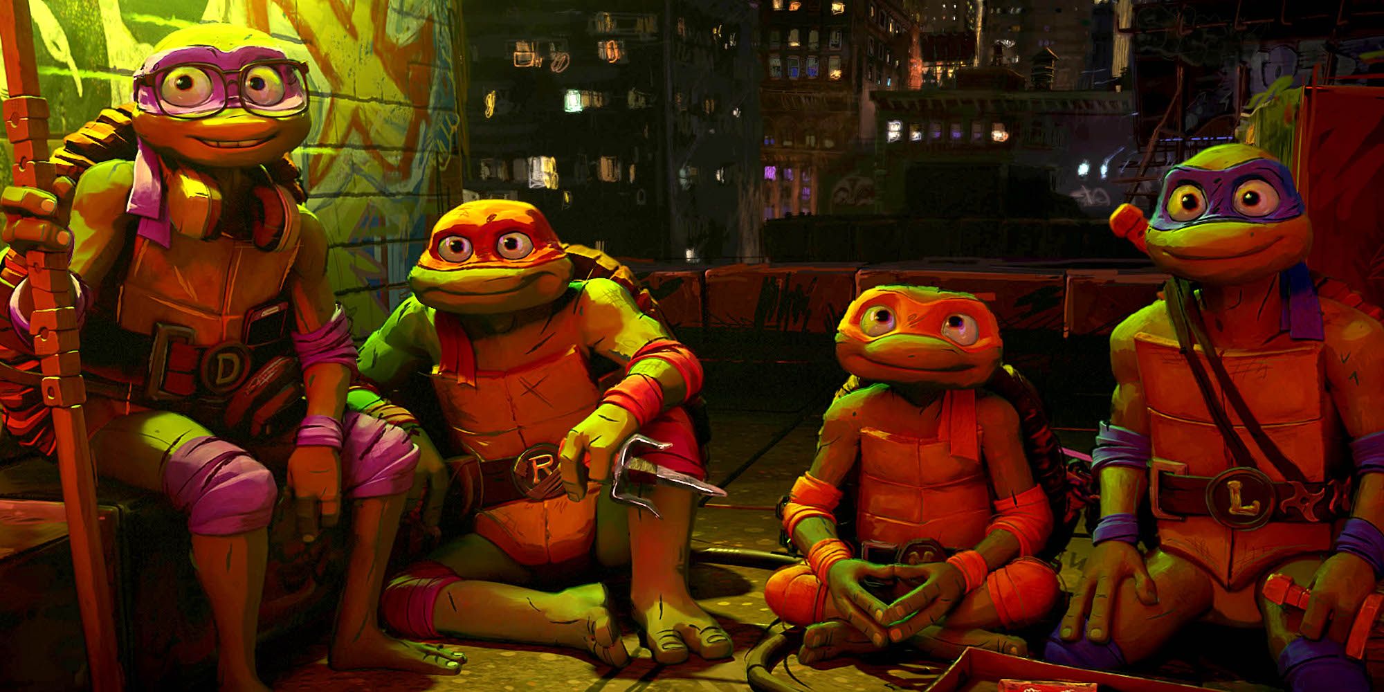 Le Tartarughe Ninja in Mutant Mayhem mentre si riuniscono insieme