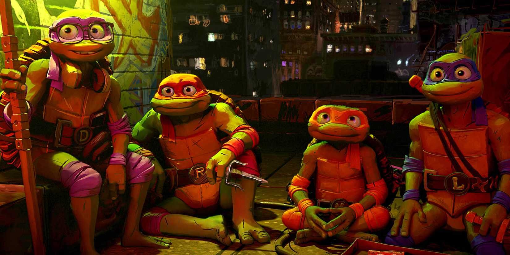 The Ninja Turtles sitting together in Mutant Mayhem