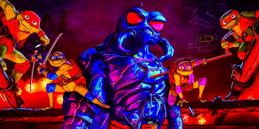 Superfly standing with Leonardo, Raphael, Donatello, and Michelangelo around him in TMNT: Mutant Mayhem