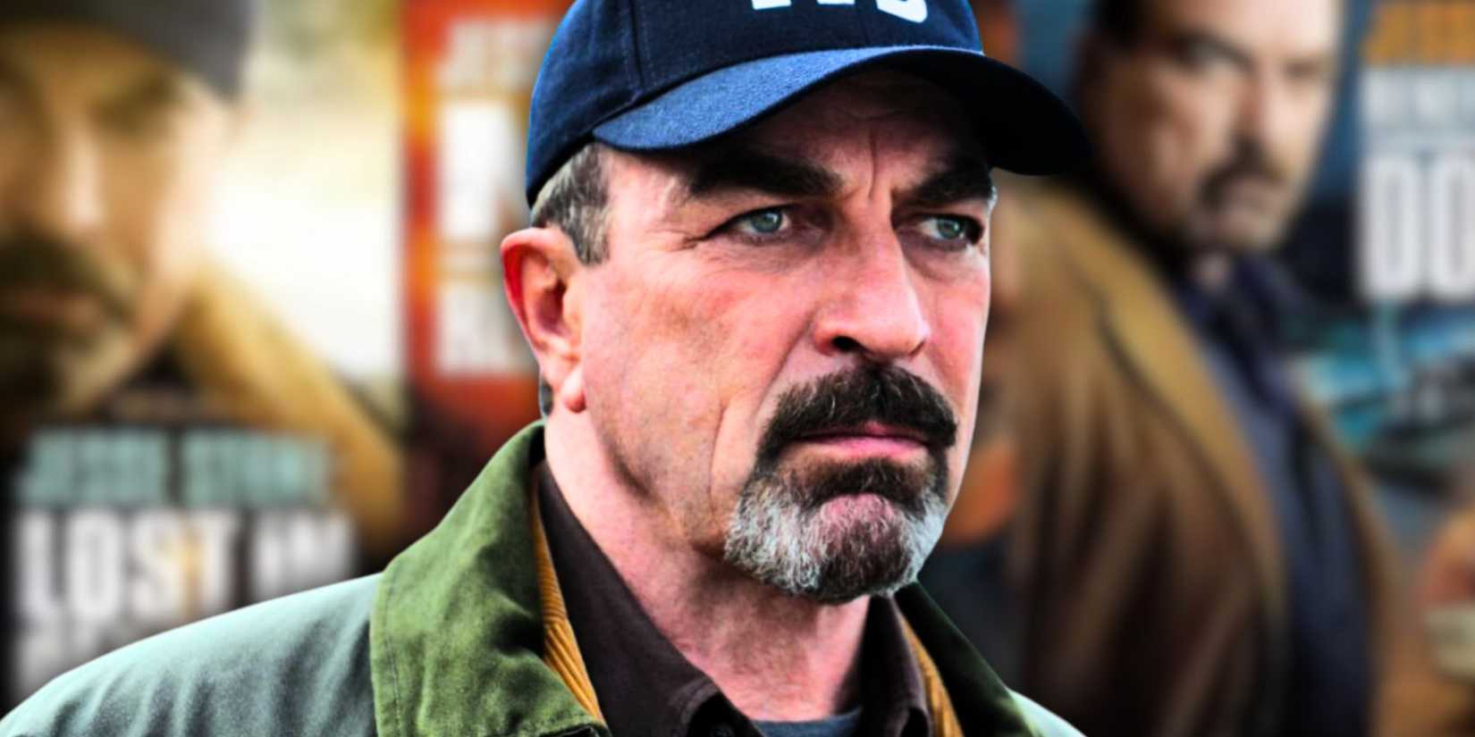 Tom Selleck as Jesse Stone with blurred movie poster background