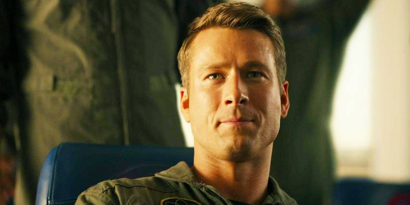 Glen Powell as Hangman looks on blankly in Top Gun Maverick
