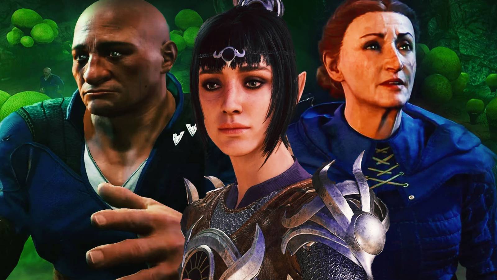 Baelen, Derryth, and Shadowheart from Baldur's Gate 3, with a field of green mushrooms in the background.