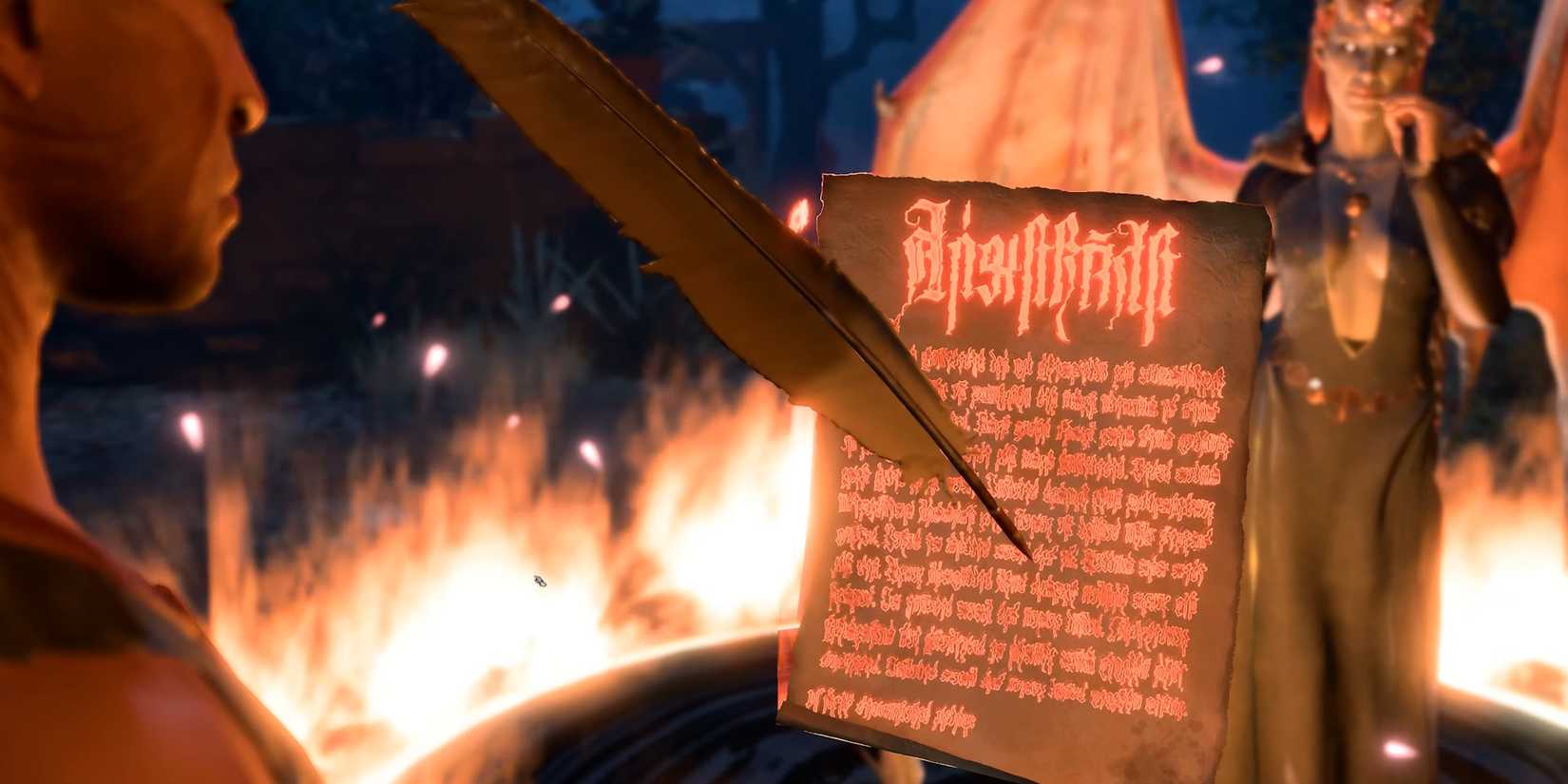 Mizora watches in the background as Wyll signs his soul away in Baldur's Gate 3
