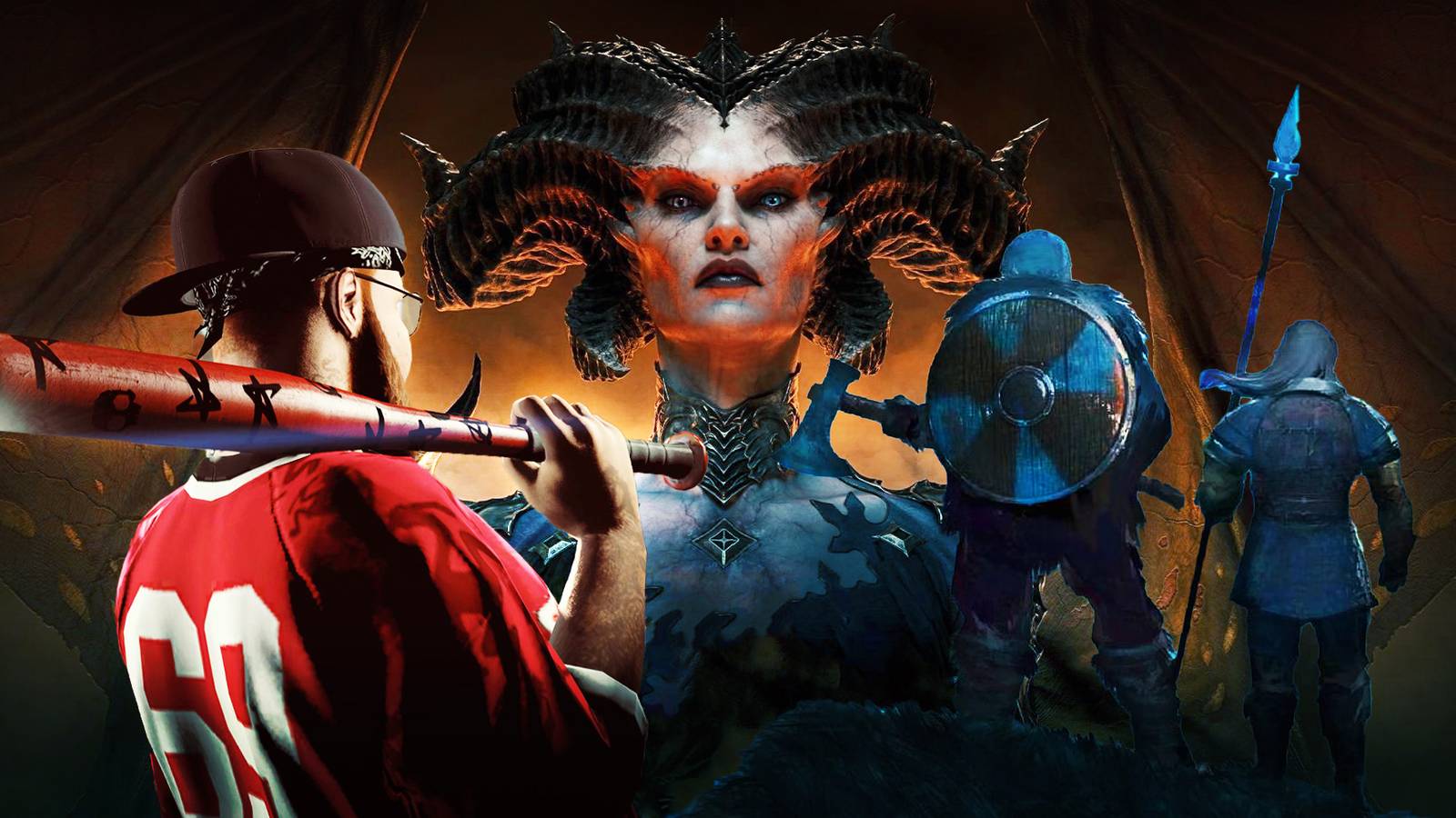 Lilith from Diablo and man holding bat with Vikings in the foreground. 