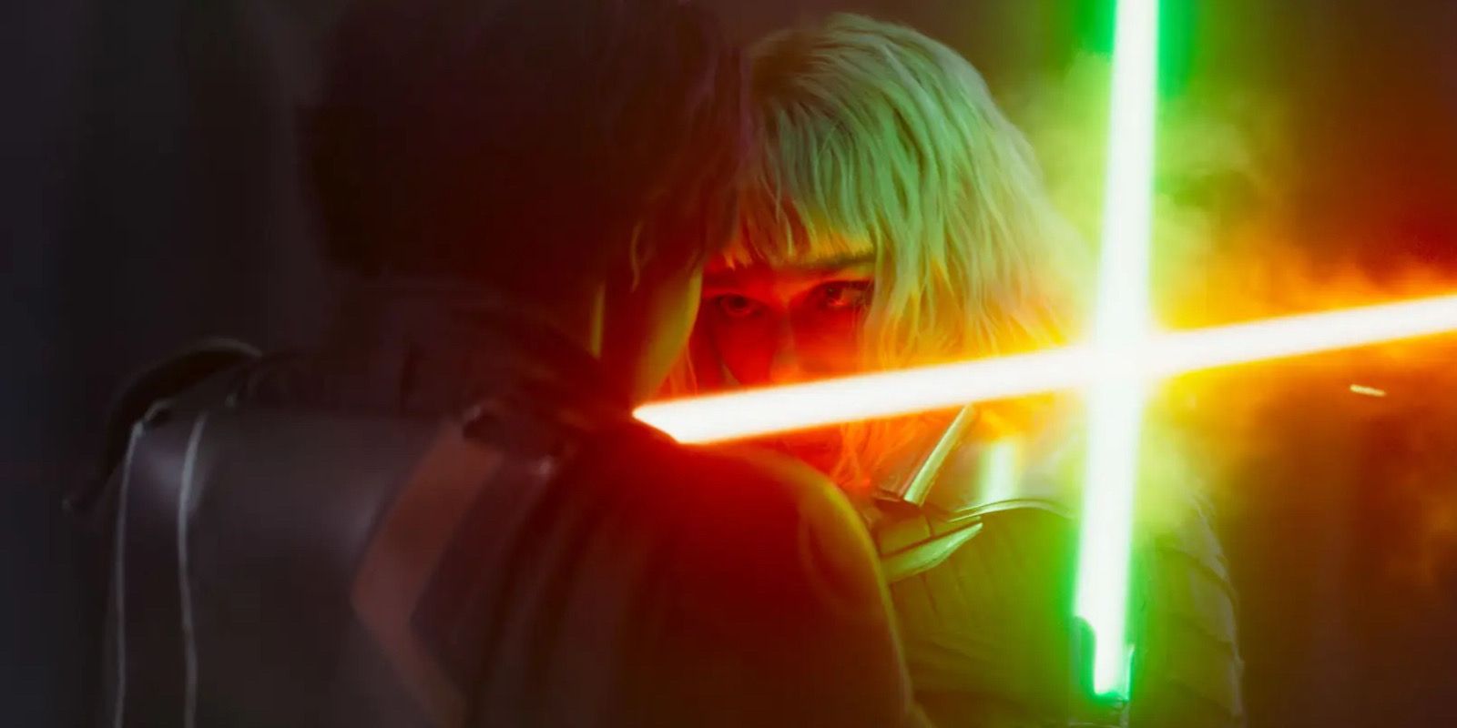 Shin Hati fighting against Sabine Wren in the Ahsoka show with her eyes close to their lightsabers