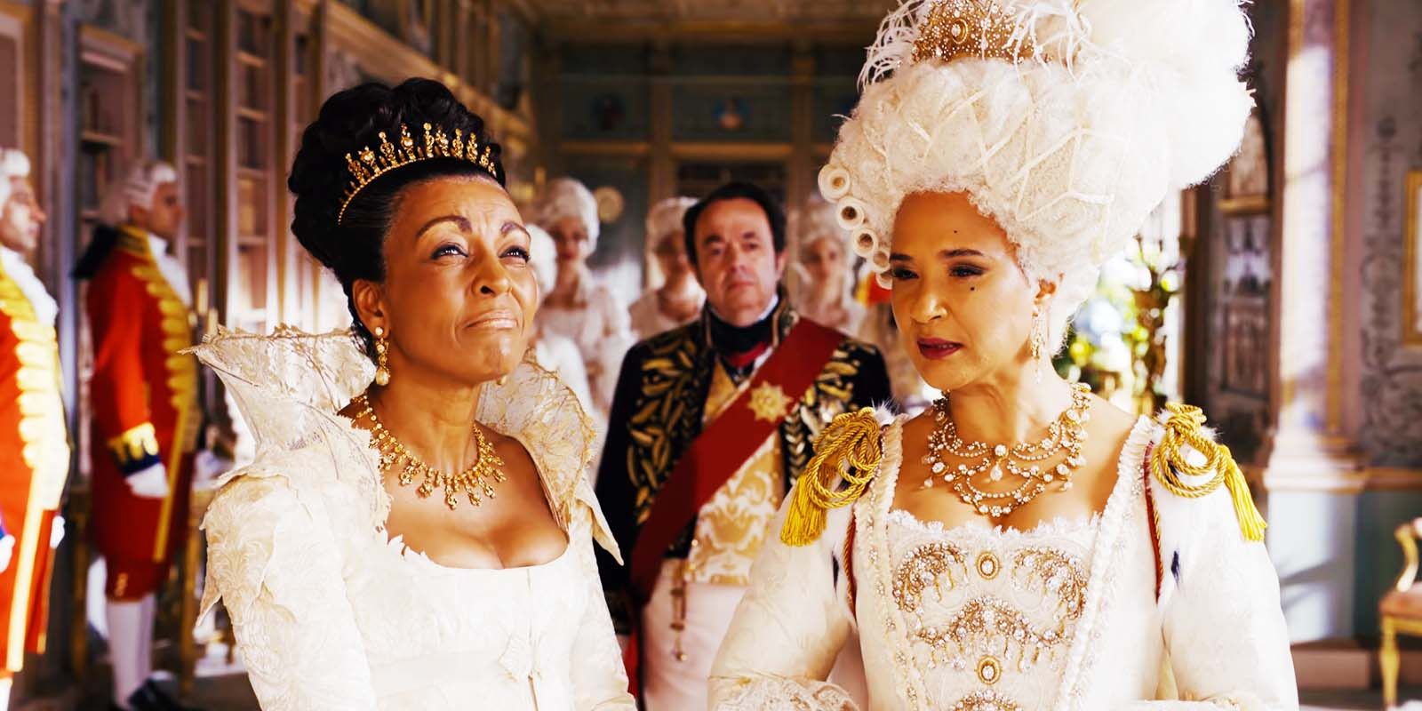 Adjoa Andoh as Lady Danbury and Golda Rosheuvel as Queen Charlotte in Bridgerton season 2 episode 1