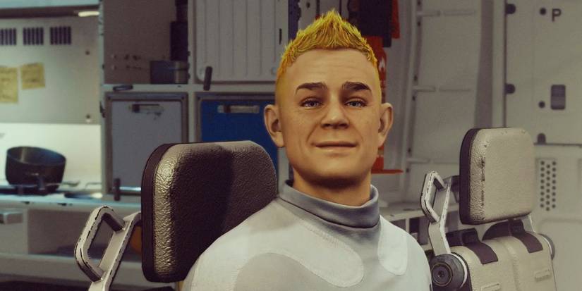 The Adoring Fan in Starfield looking at the player-controlled character lovingly. 
