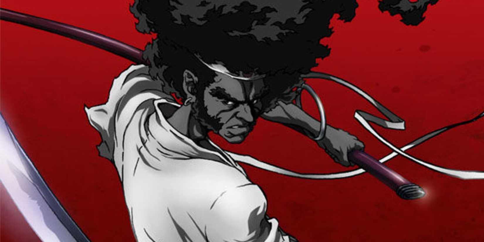 Afro Samurai wielding his swords against a dark red background.