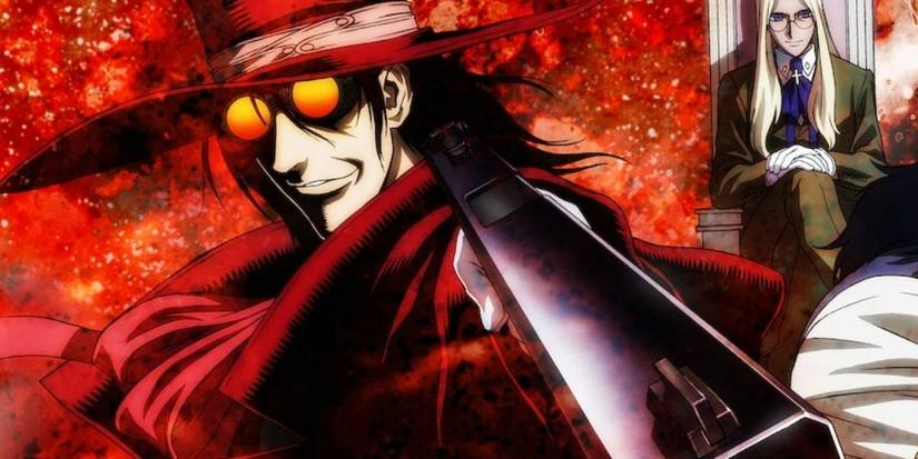 15 Goriest Anime Series of All Time 4 Official artwork of Alucard from Hellsing Ultimate wielding a gun against a red, splotchy background
