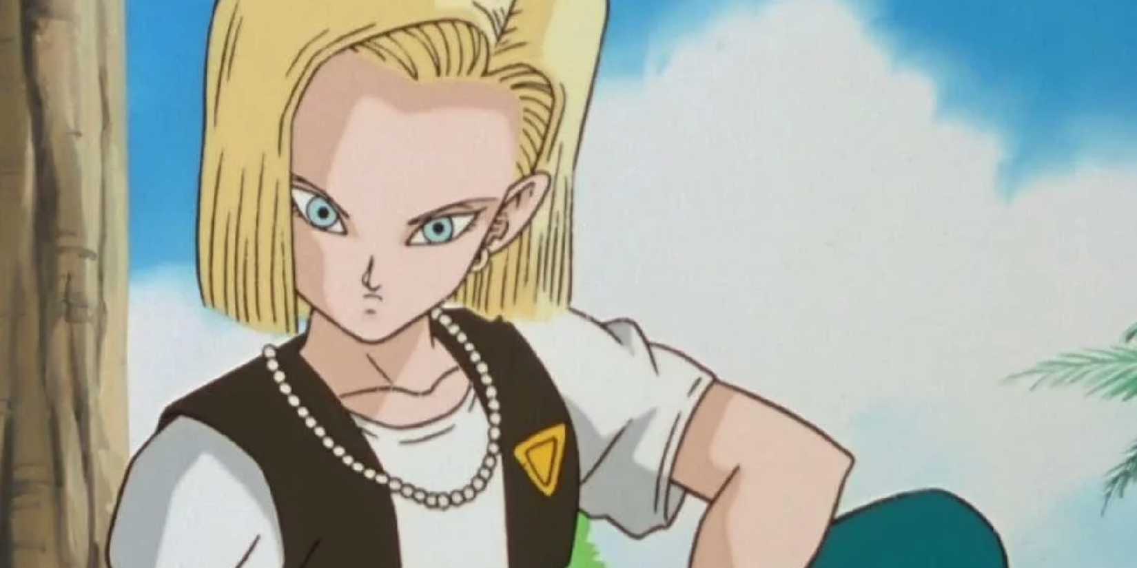 Android 18 with a hand on her hip in a screenshot from Dragon Ball.