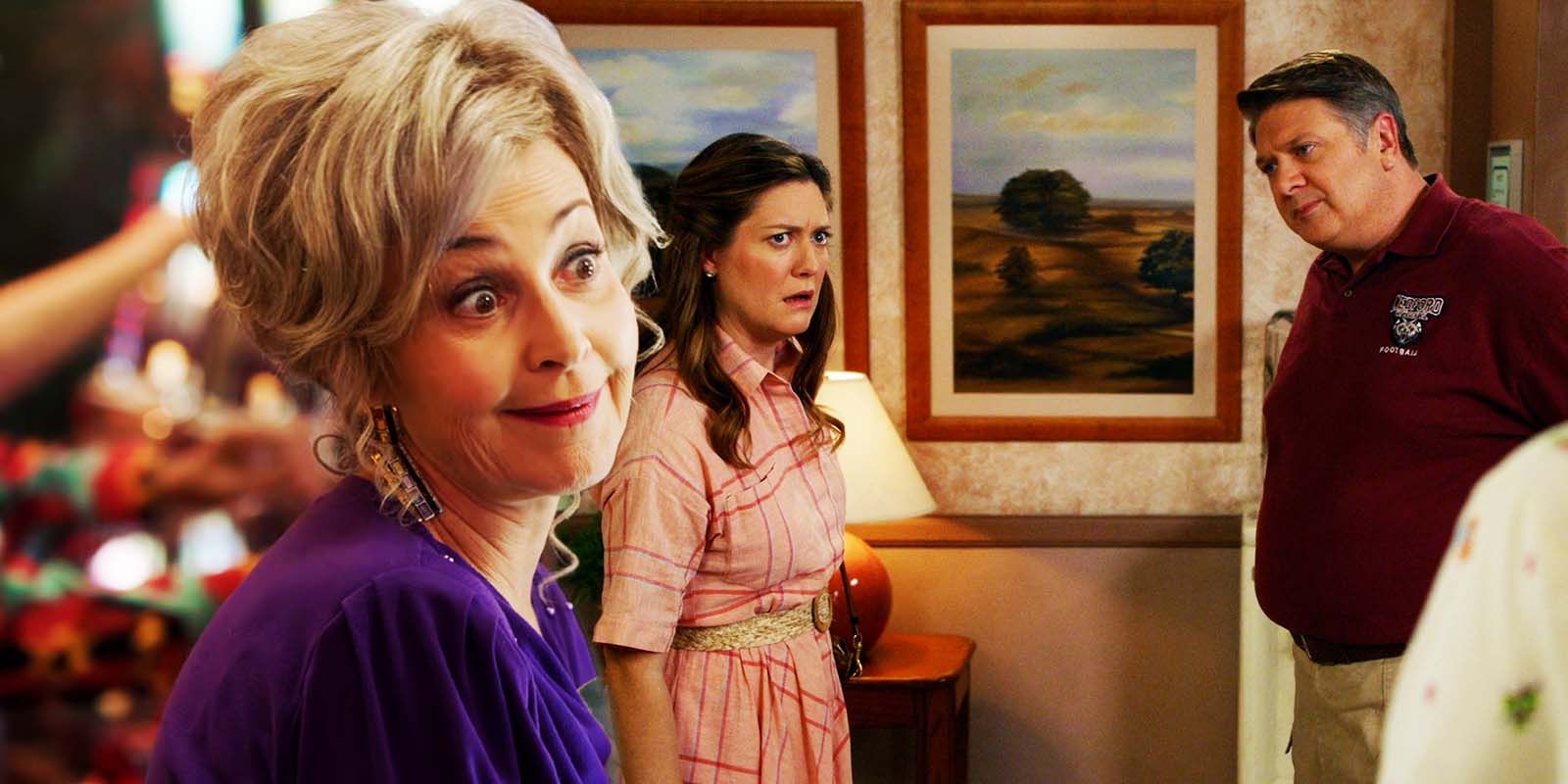 Annie Potts as Connie, Zoe Perry as Mary, and Lance Barber as George in Young Sheldon seasons 1 and 6