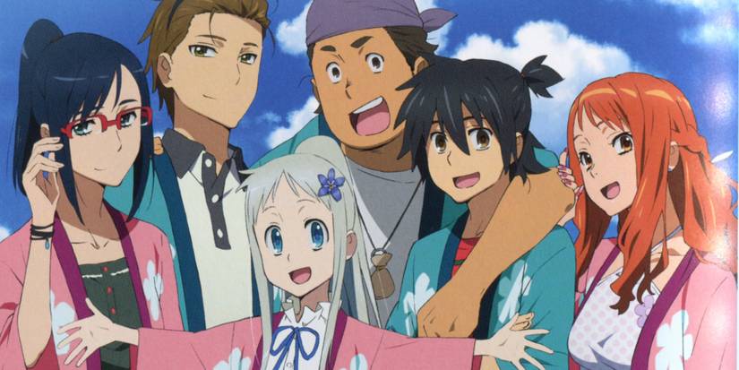 Anohana The Flower We Saw That Day main cast wearing yukatas and smiling.
