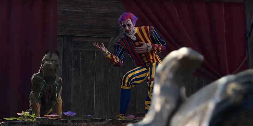 Baldur's Gate 3 Dribbles the Clown on Stage Gripping at his Heart