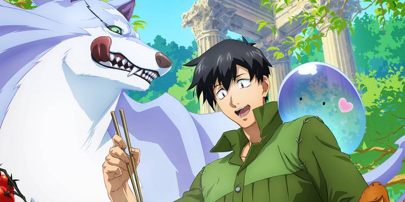 Campfire Cooking in Another World with My Absurd Skill promotional image, featuring Tsuyoshi Mukouda and his familiars, Fel, and Sui