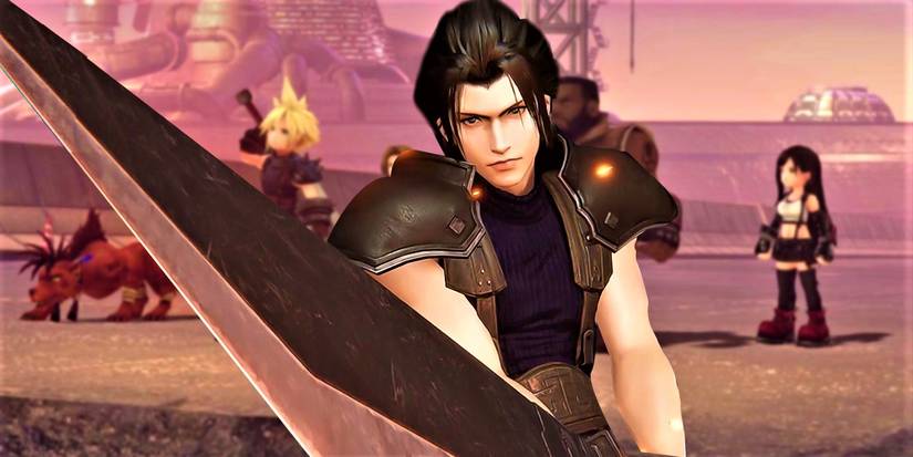 Zack Fair holding sword towards camera from FF7 Ever Crisis. 