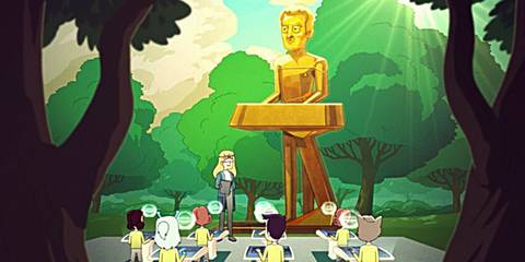 A group of school kids learn in the shadow of a giant Miles O'Brien statue