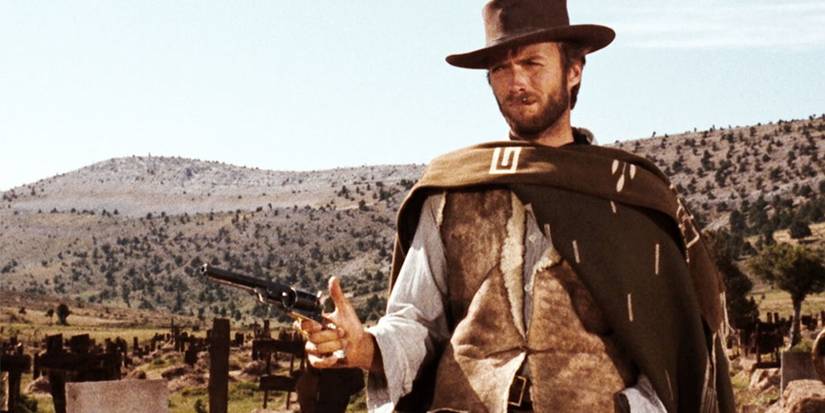 Clint Eastwood como o homem sem nome com uma arma no bem, o mal e o feio