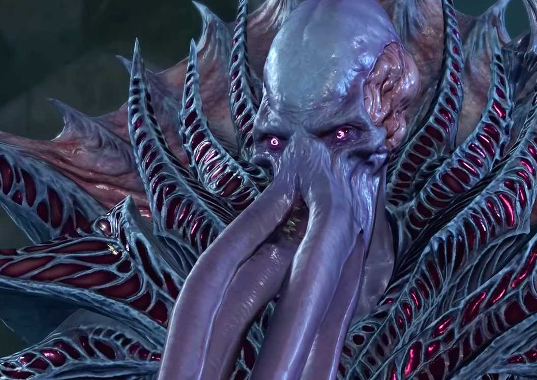 Close up of the mind flayer called The Emperor in Baldur's Gate 3