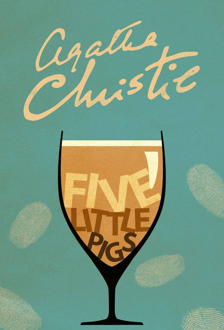 Cover art for Five Little Pigs showing the title sitting in a filled wine glass.