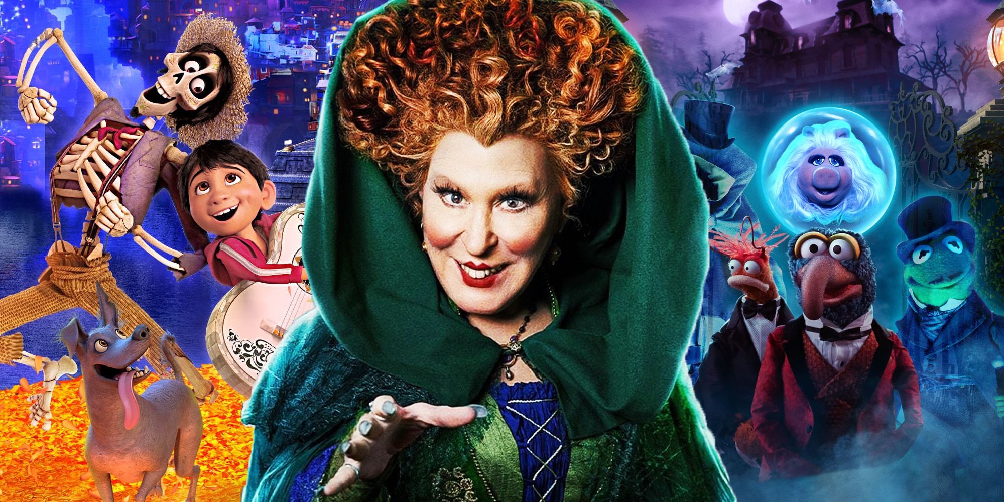 Collage of Coco, Hocus Pocus and Muppets Haunted Mansion