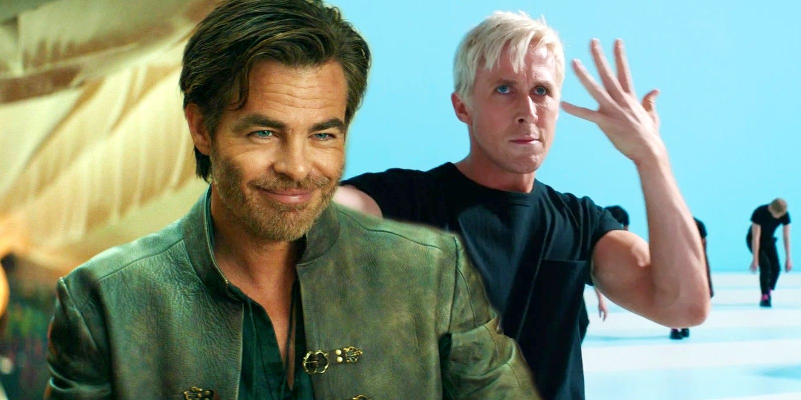 Custom image of Chris Pine in Dungeons and Dragons Honor Among Thieves and Ryan Gosling dancing to I'm Just Ken in Barbie