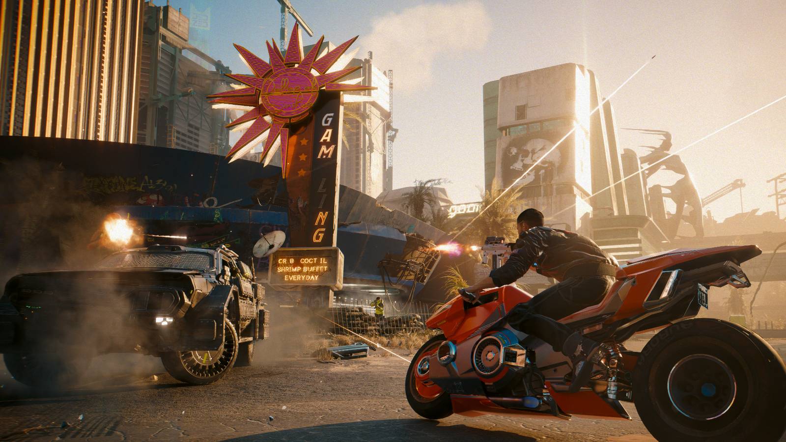 Cyberpunk 2077 Phantom Liberty Official Art With V Attacking Armored Car While Riding Motorcycle.