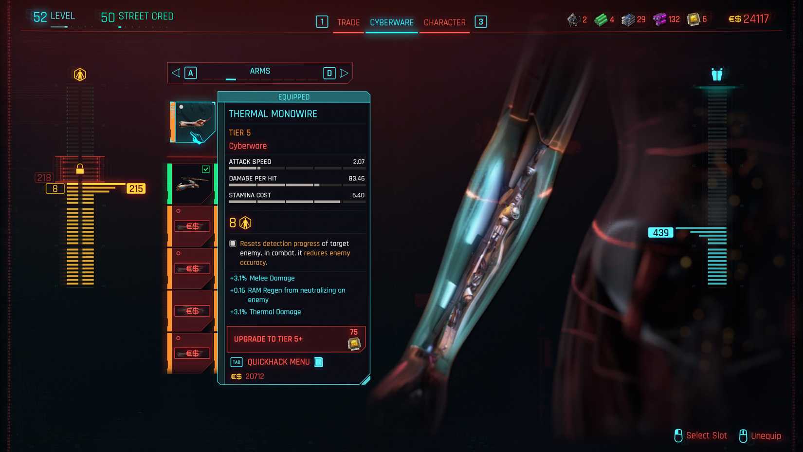 Cyberpunk 2077 Thermal Monowire New Arms Cyberware