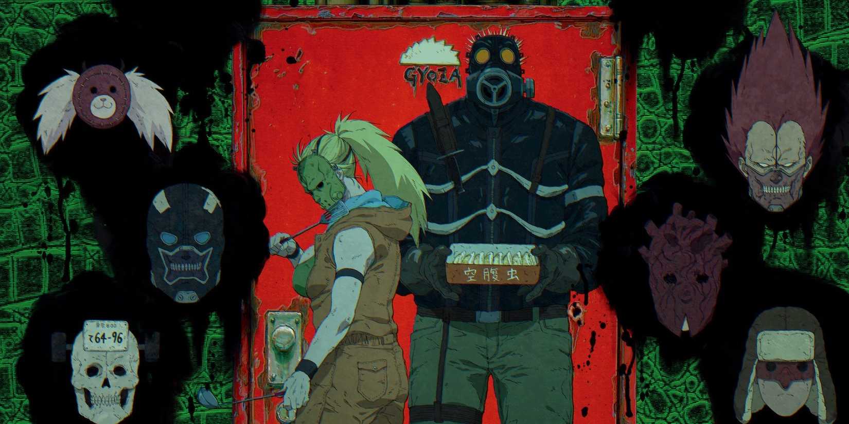 Dorohedoro's Caiman holding a box while Nikaido stands next to him with a mask on.