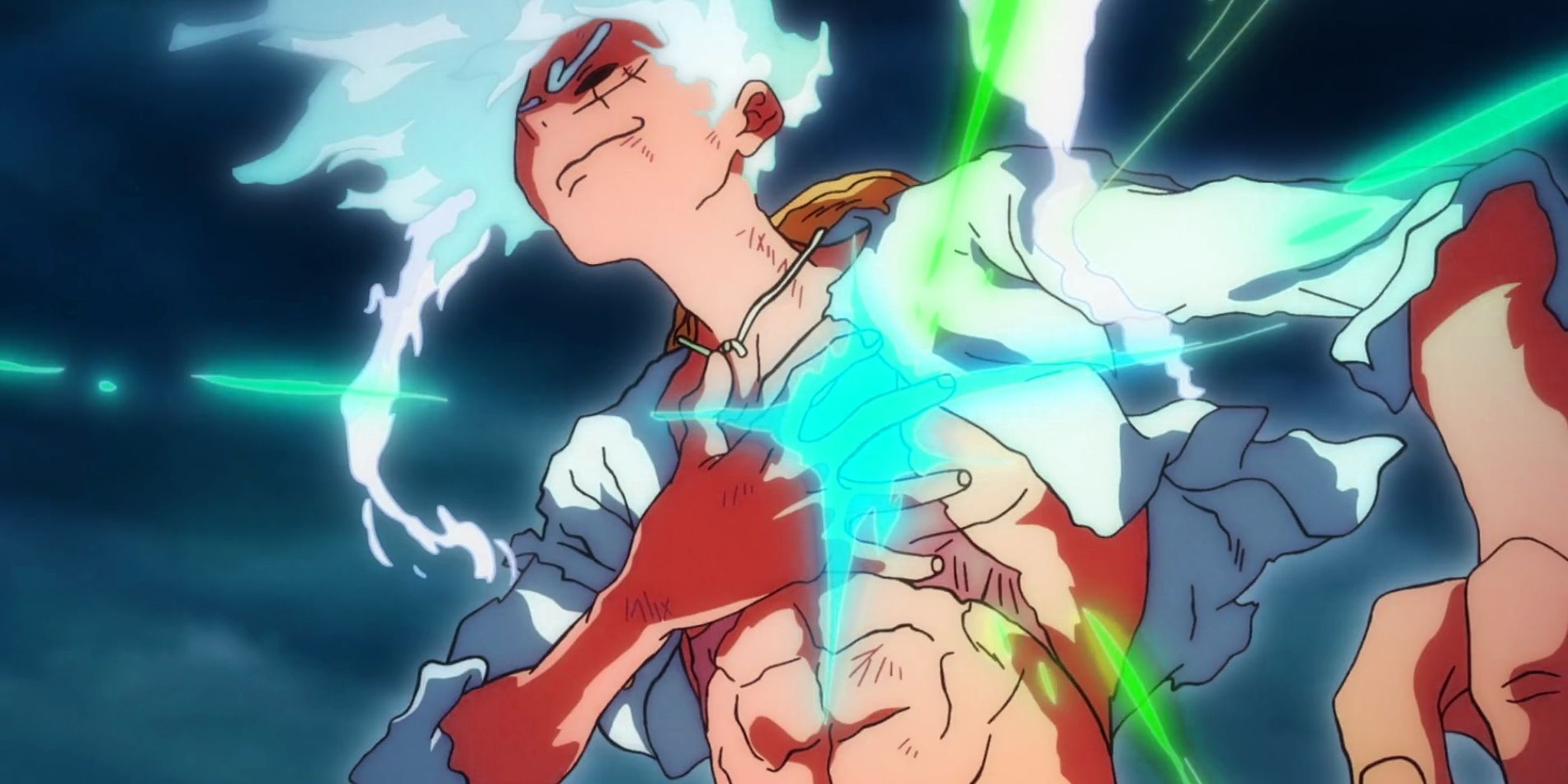 Screenshot from One Piece anime episode 1072 shows Luffy in Gear 5 while holding his hold over his heart while vibrant lights and colors gleam off his chest.