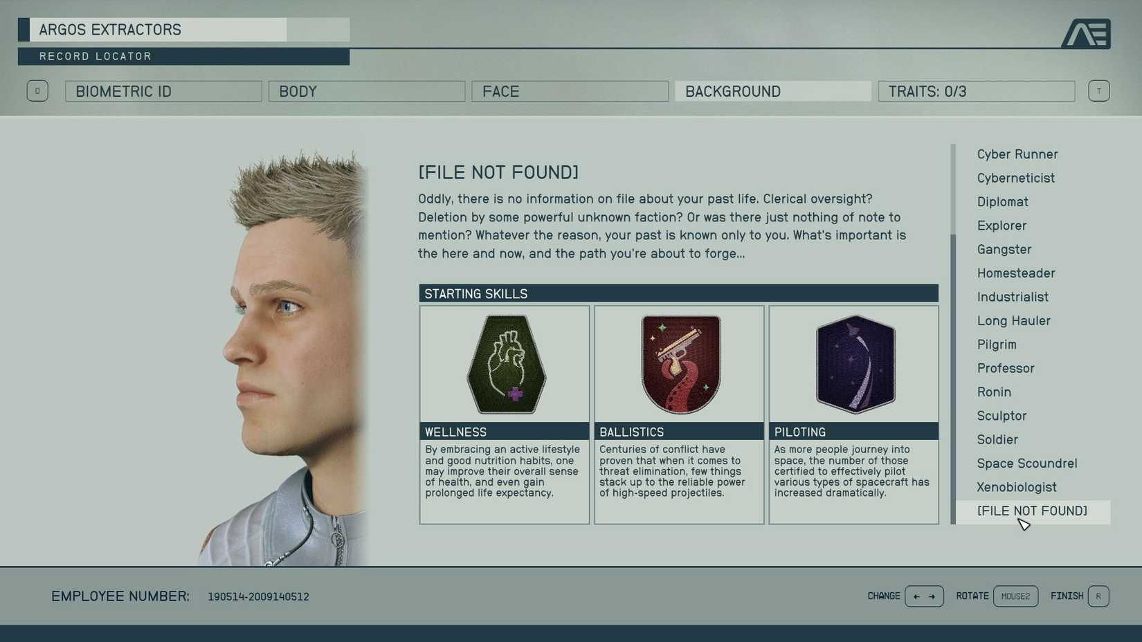 The character creation screen in Starfield with a blonde haired man and File Not Found background description.