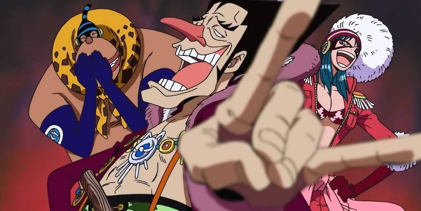 One Piece's Foxy and his crew laugh at Luffy.