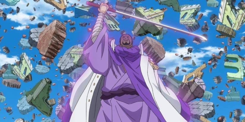 Screenshot from One Piece anime show Admiral Fujitora using his Press-Press devil fruit by raising his sword in the air and having countless building pieces floating behind him.