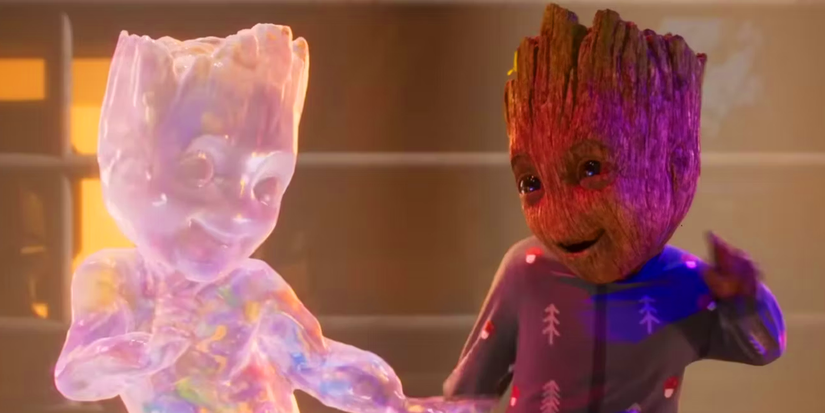 Groot dancing with an alien in I am Groot